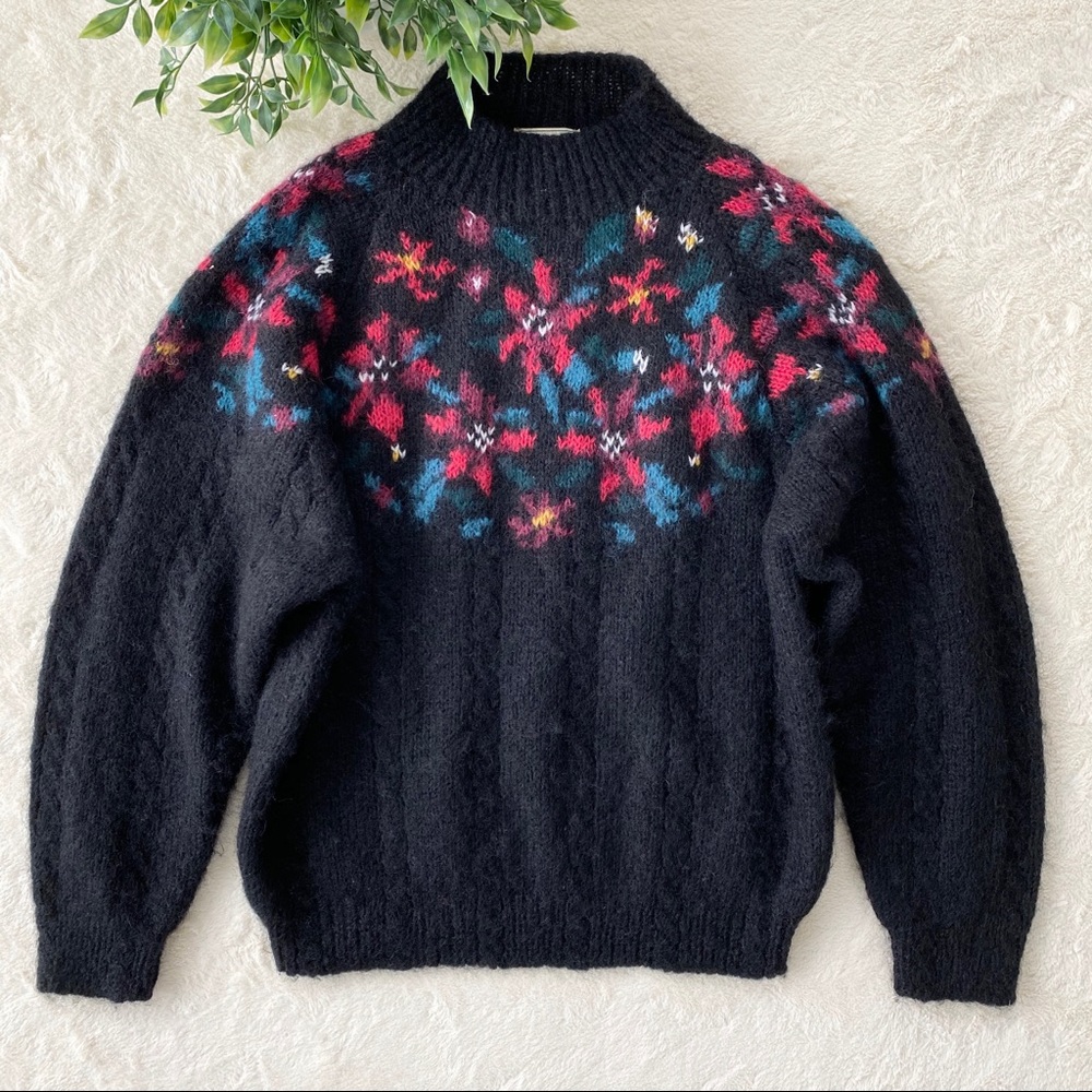 Vintage L.L Bean black floral mohair wool sweater